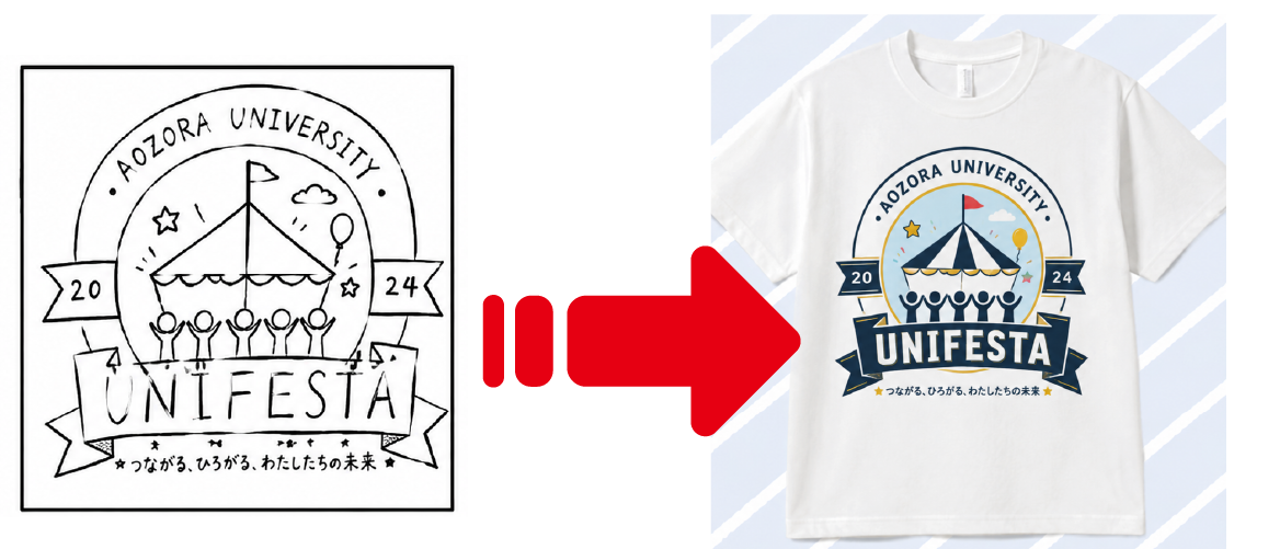 依頼前の手書きラフから、出来上がった大学祭UNIFESTAの白いTシャツへ